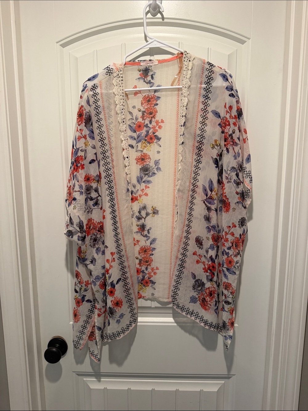 Maurices Cream Floral Open-Front Kimono with Coral & Blue Flowers